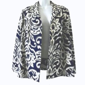 Chicos Jacket Ikat Jacquard LS Open Front-Collar Lightwght Navy/White/Gr…
